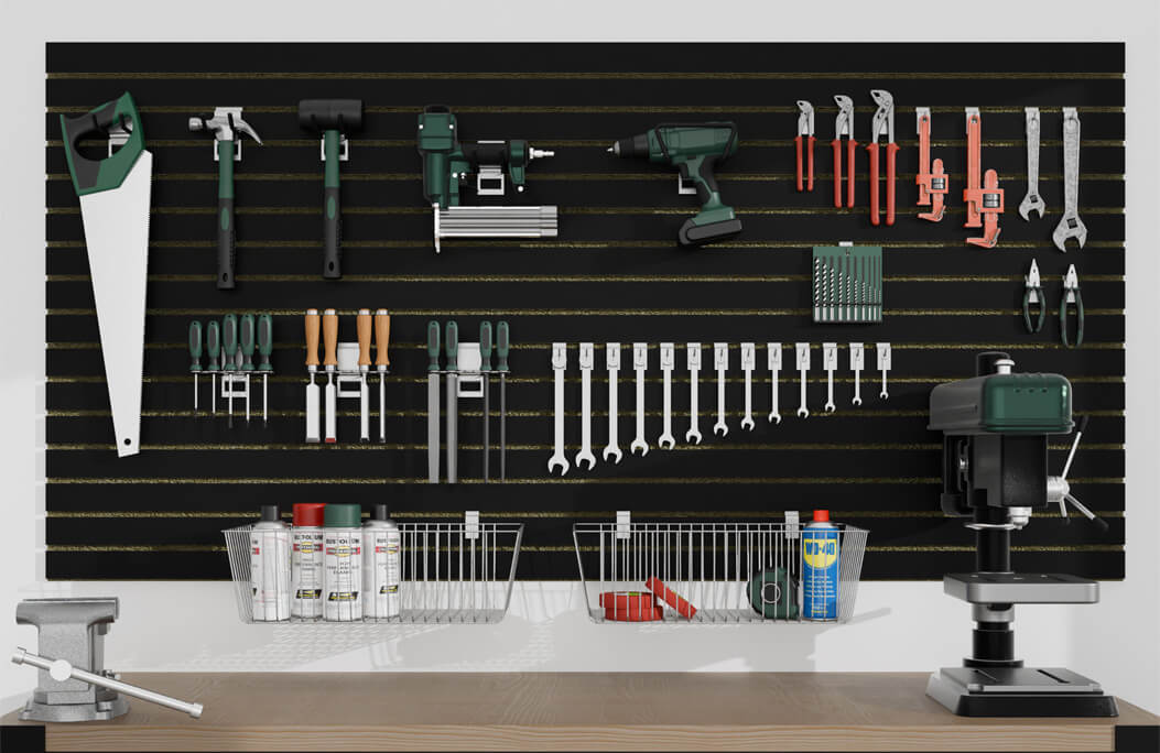 Black melamine slatwall garage organization 